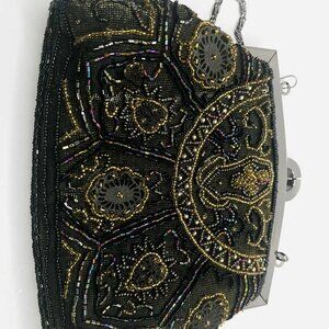 Vintage Viola Collection Beaded Evening Bag Gold Brown Silver Chain